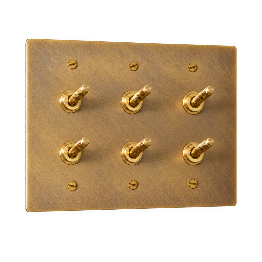 3-Gang Solid Brass Double Knurled Toggle Light Switches in Satin Brass; 6 toggles on a white background
