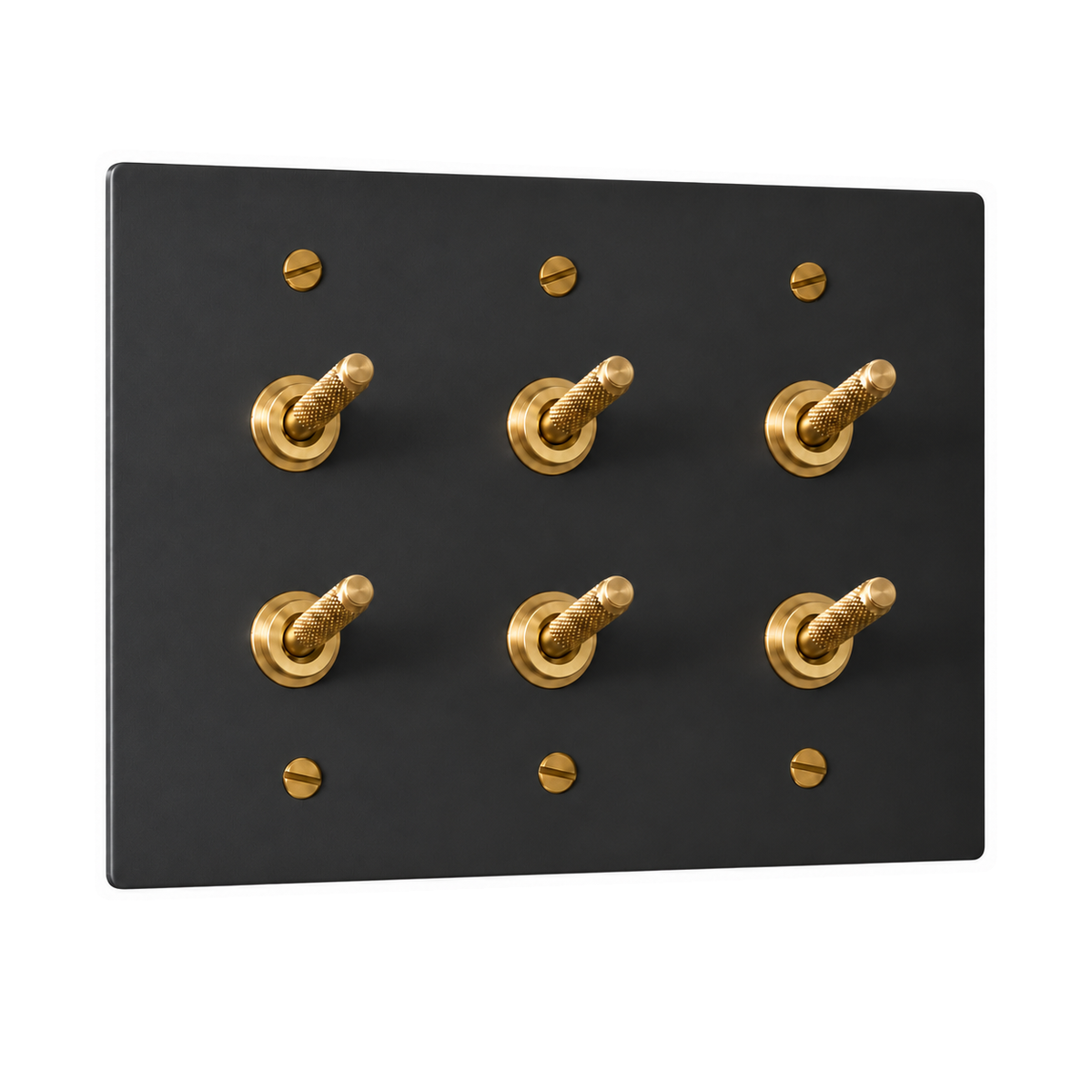 3-Gang Solid Brass Double Knurled Toggle Light Switches in Black with Brass Accents; 6 toggles on a white background