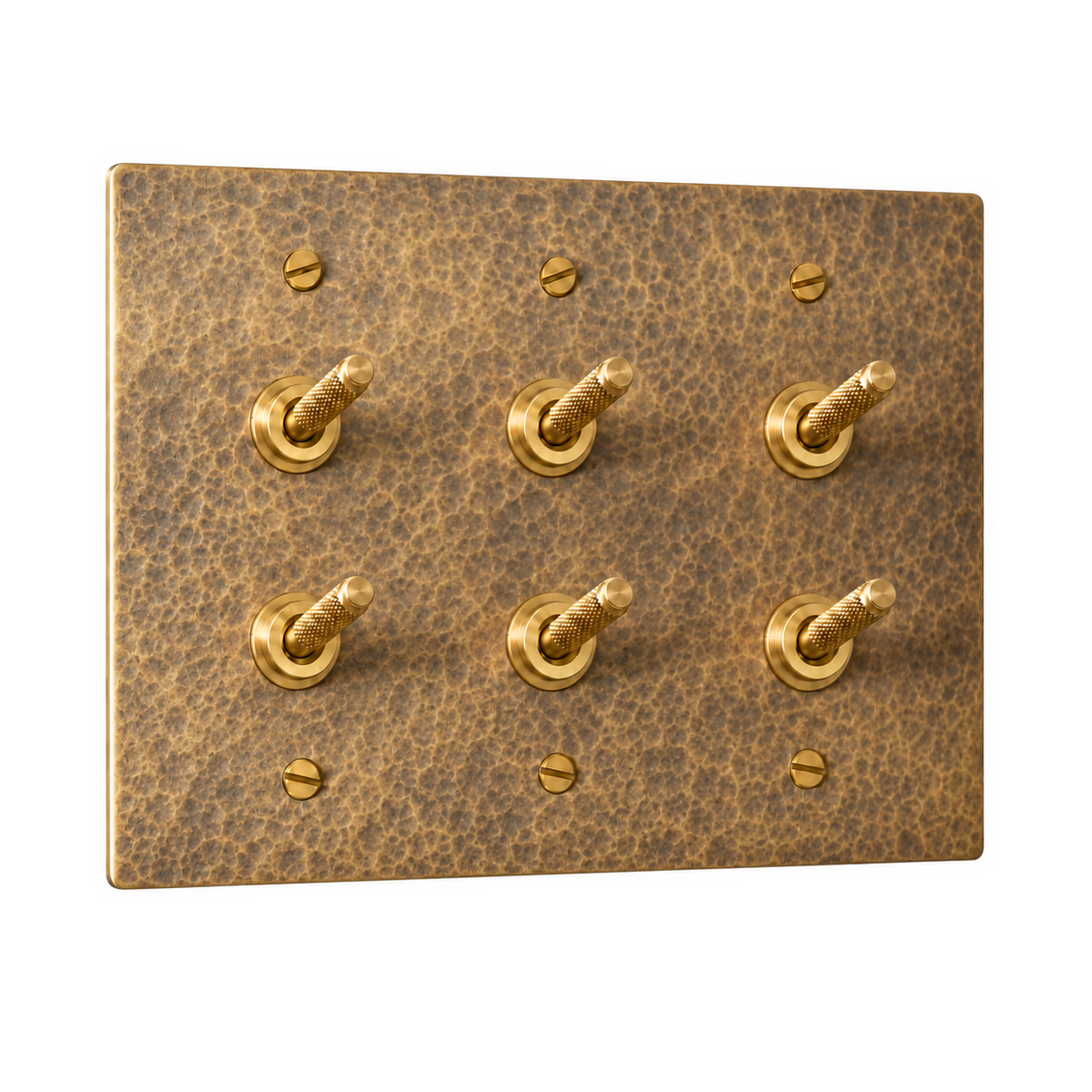 3-Gang Solid Brass Double Knurled Toggle Light Switches in Hammered Antique Brass; 6 toggles on a white background