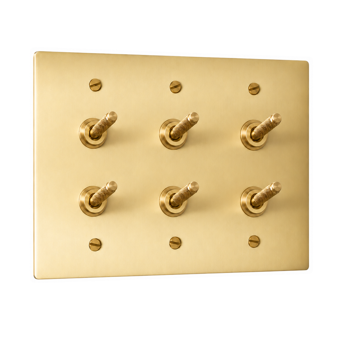 3-Gang Solid Brass Double Knurled Toggle Light Switches in Satin Brass; 6 toggles on a white background