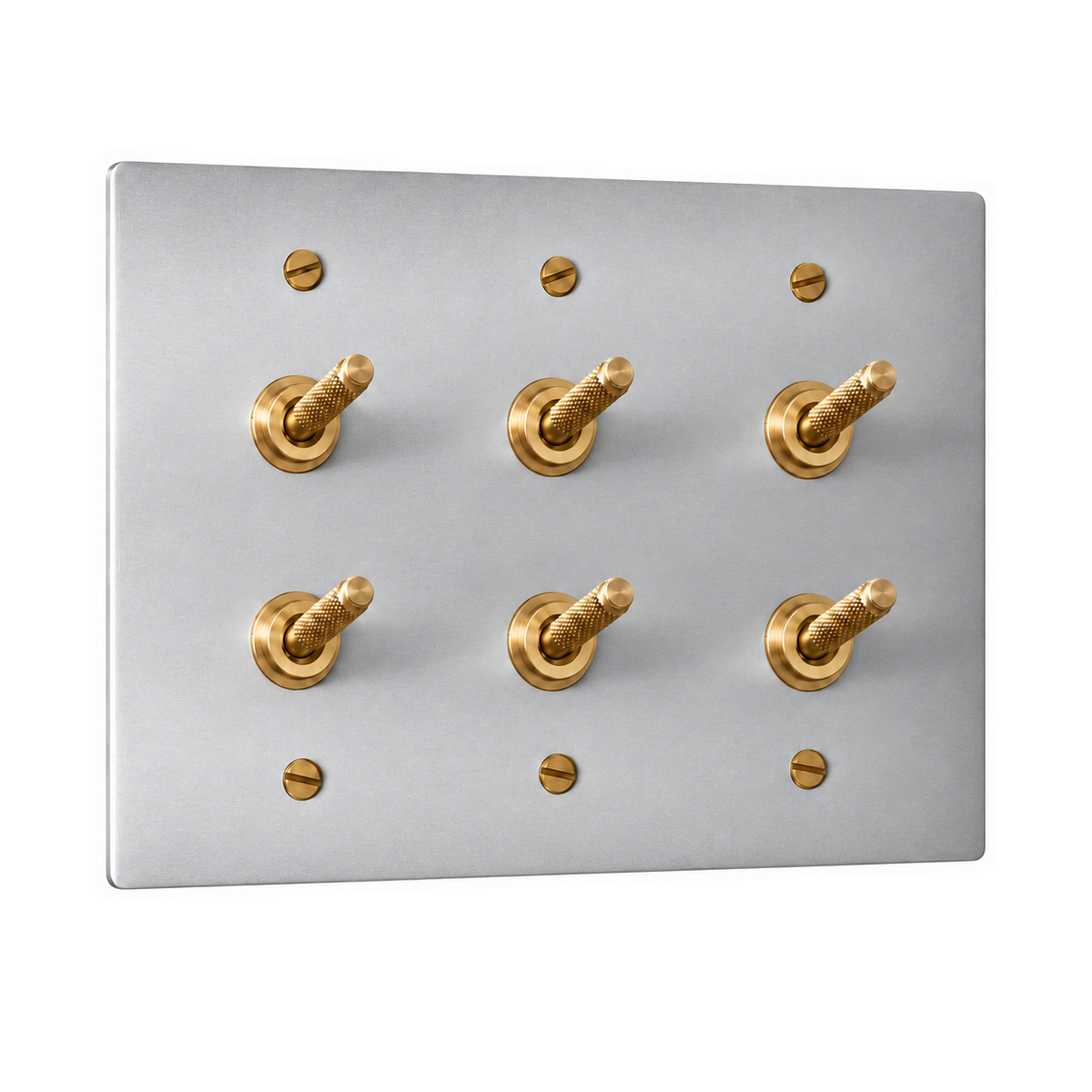 3-Gang Solid Brass Double Knurled Toggle Light Switches in Stainless Steel; 6 toggles on a white background