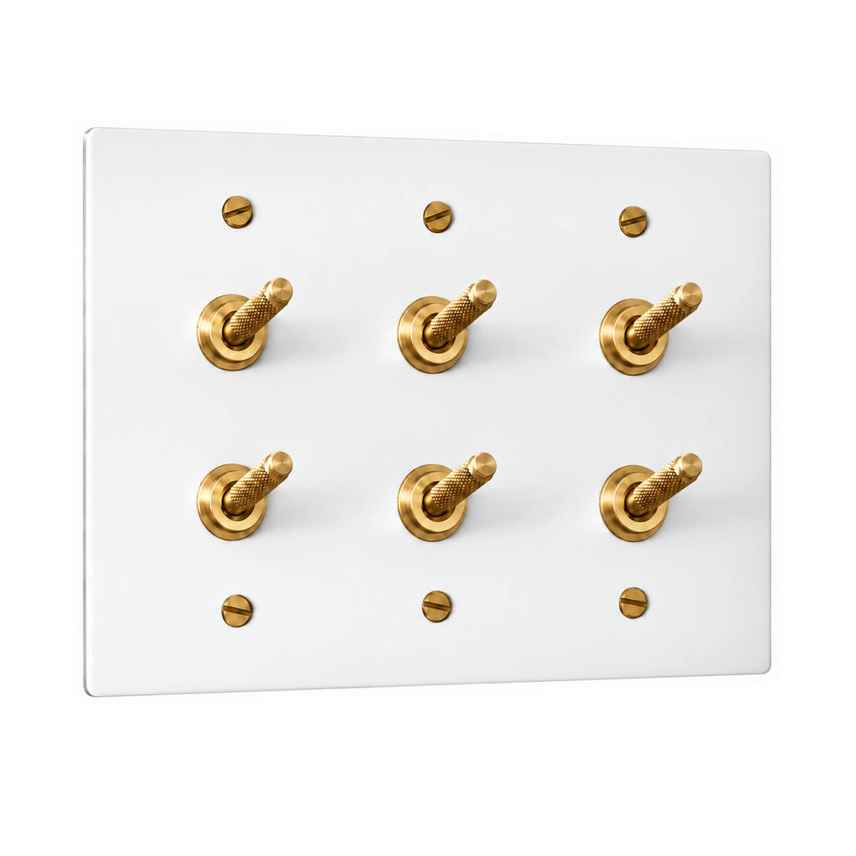 3-Gang Solid Brass Double Knurled Toggle Light Switches in White with Brass Accents; 6 toggles on a white background