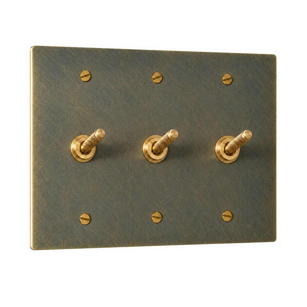 3-Gang Solid Brass Knurled Toggle Light Switches in Aged Bronze (Hand-Brushed); 3 toggles on a white background