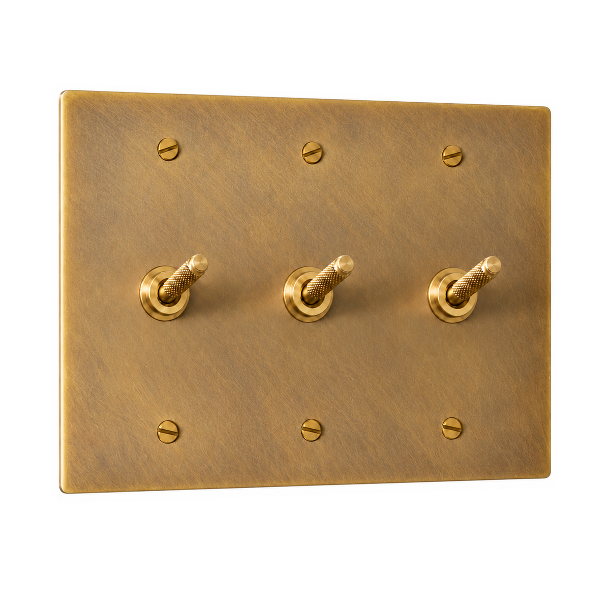 3-Gang Solid Brass Knurled Toggle Light Switches in Antique Brass (Hand-Brushed); 3 toggles on a white background