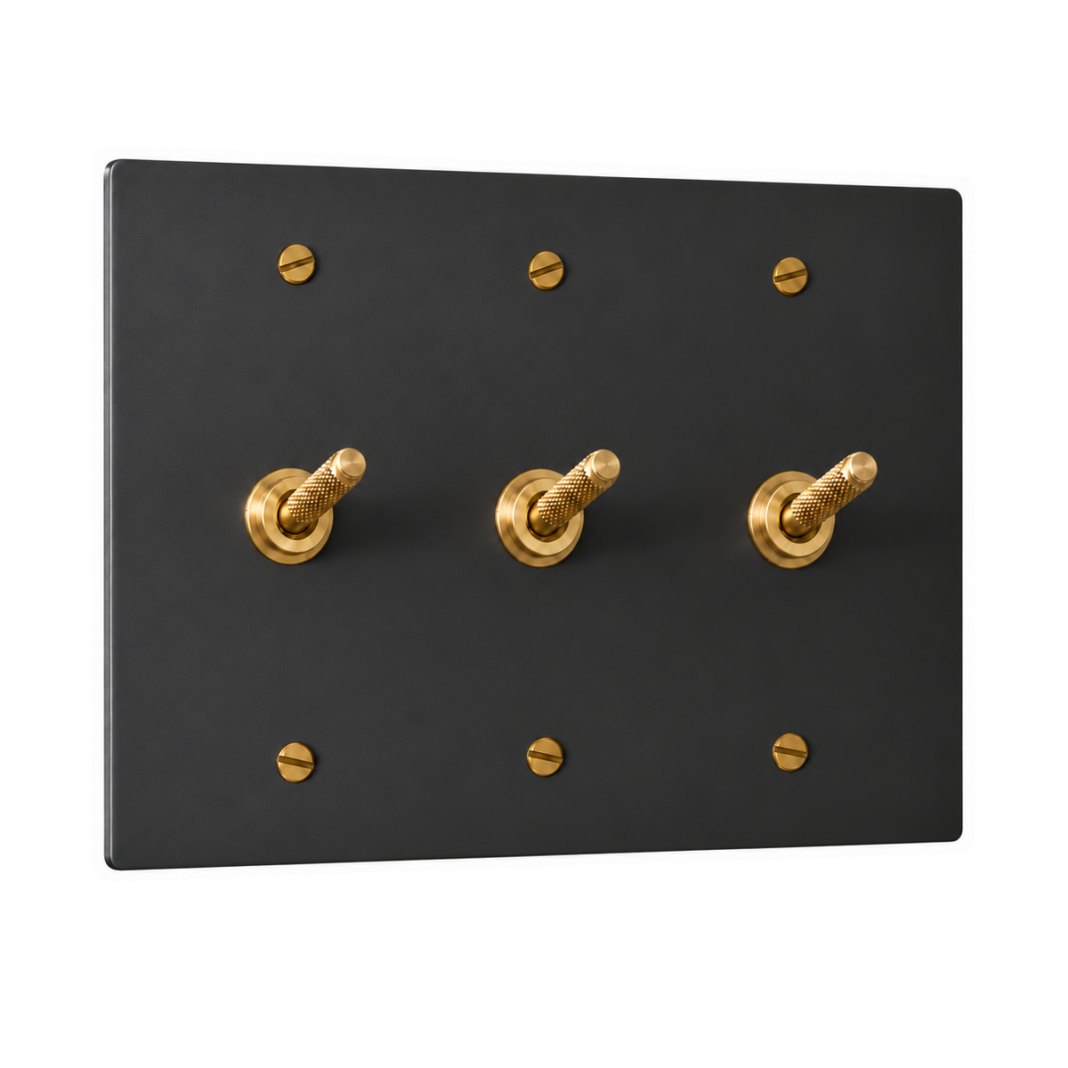 3-Gang Solid Brass Knurled Toggle Light Switches in Black with Brass Accents; 3 toggles on a white background