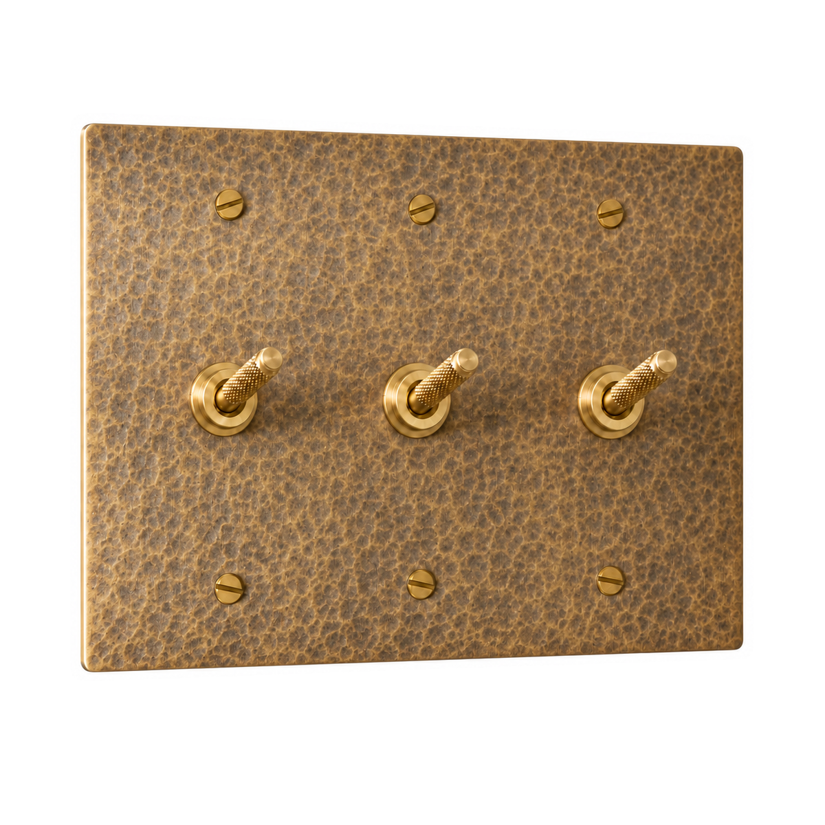 3-Gang Solid Brass Knurled Toggle Light Switches in Hammered Antique Brass; 3 toggles on a white background