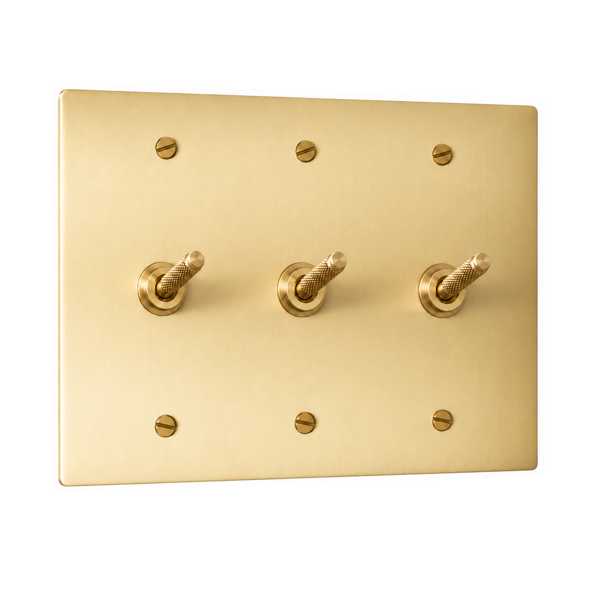 3-Gang Solid Brass Knurled Toggle Light Switches in Satin Brass; 3 toggles on a white background