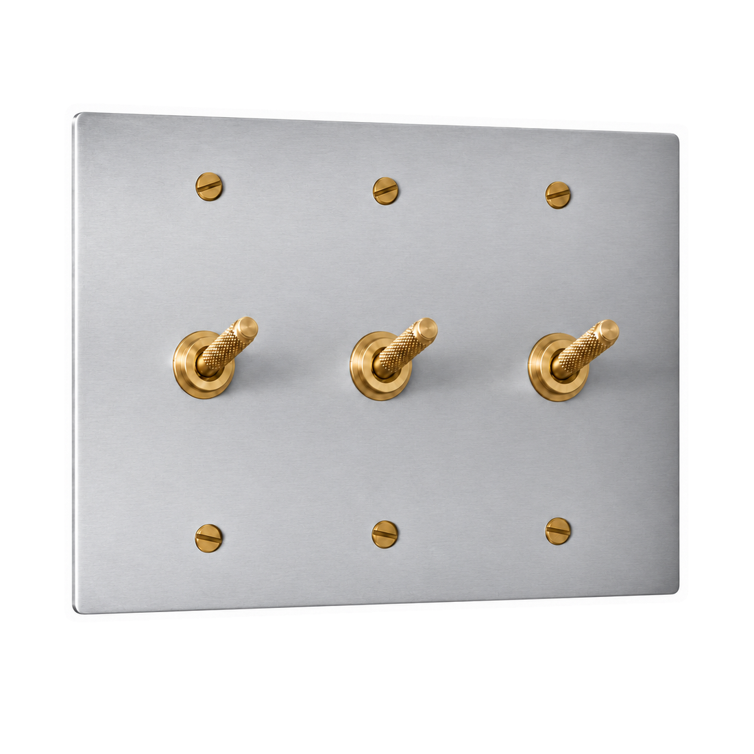 3-Gang Solid Brass Knurled Toggle Light Switches in Stainless Steel; 3 toggles on a white background