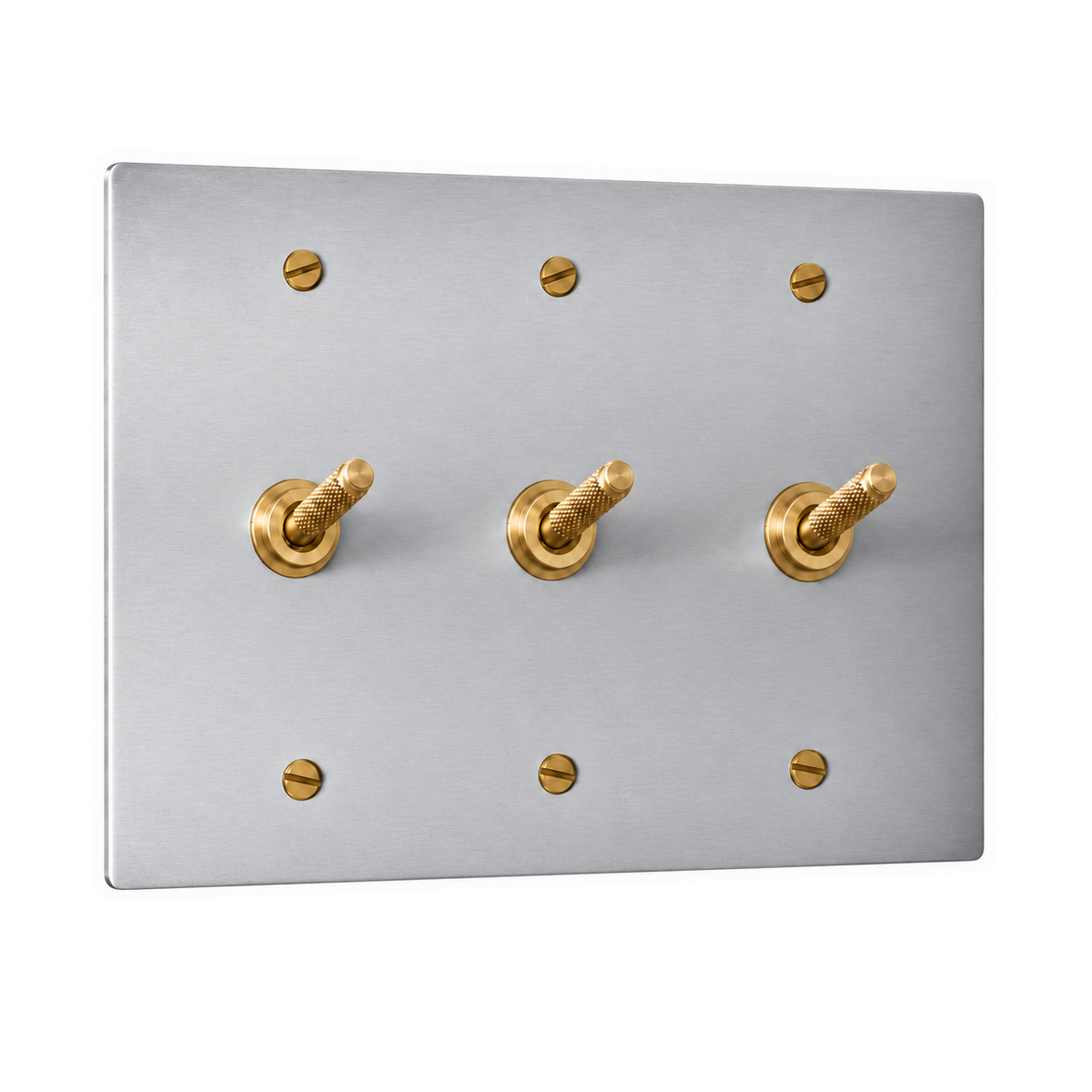 3-Gang Solid Brass Knurled Toggle Light Switches in Stainless Steel; 3 toggles on a white background