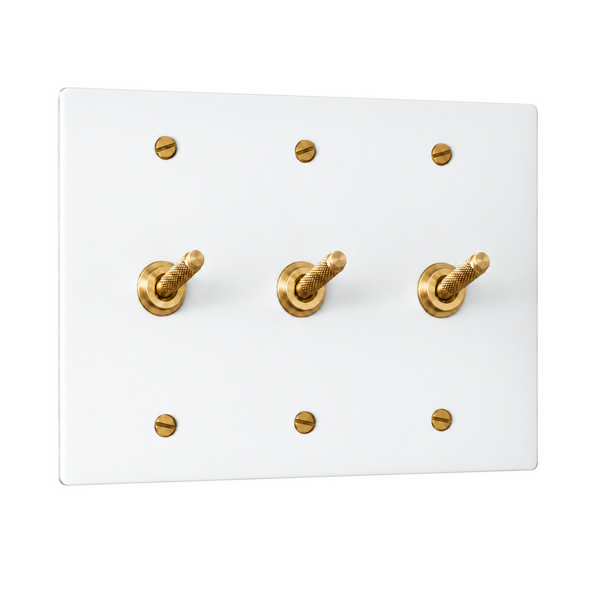 3-Gang Solid Brass Knurled Toggle Light Switches in White with Brass Accents; 3 toggles on a white background