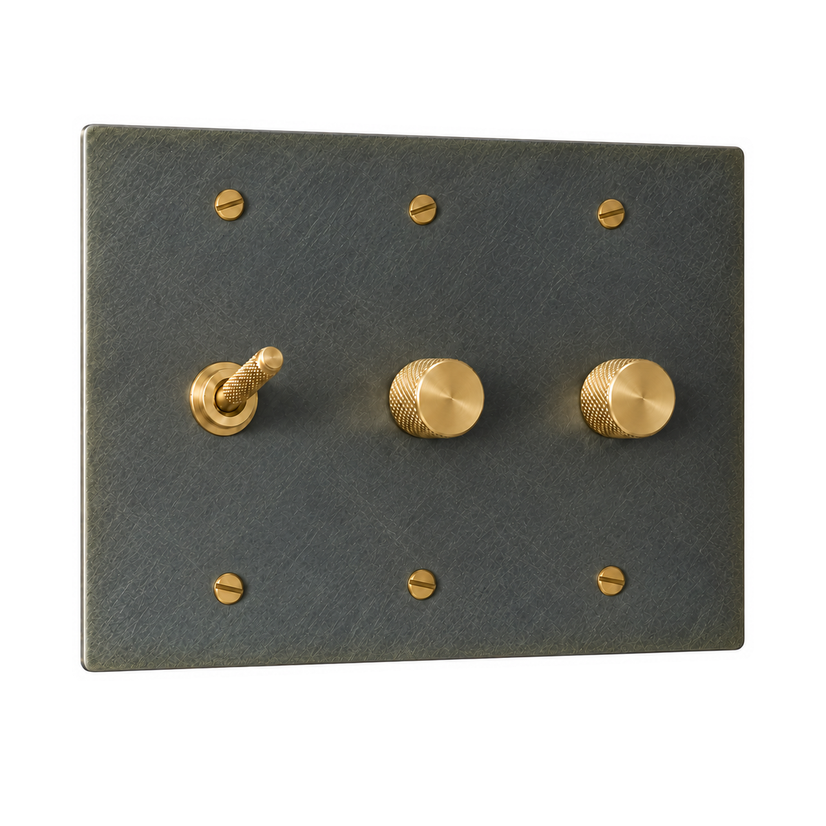 3-Gang Solid Brass Knurled Toggle Light Switch & 2 Rotary Dimmers in Aged Bronze (Hand-Brushed); 1 toggle + 2 rotary dimmers on a white background