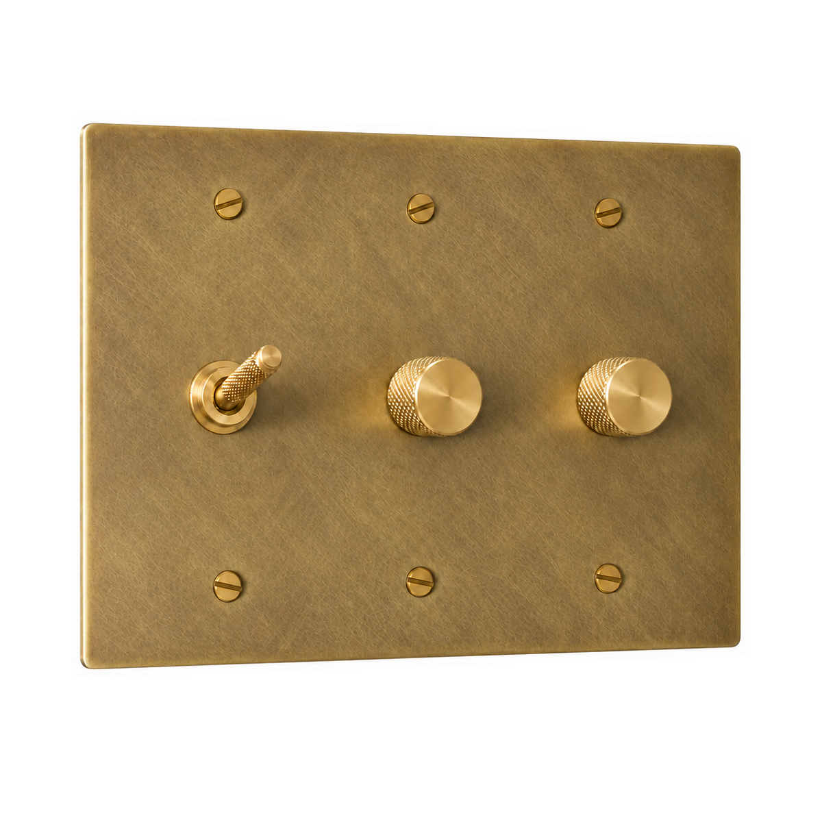 3-Gang Solid Brass Knurled Toggle Light Switch & 2 Rotary Dimmers in Antique Brass (Hand-Brushed); 1 toggle + 2 rotary dimmers on a white background