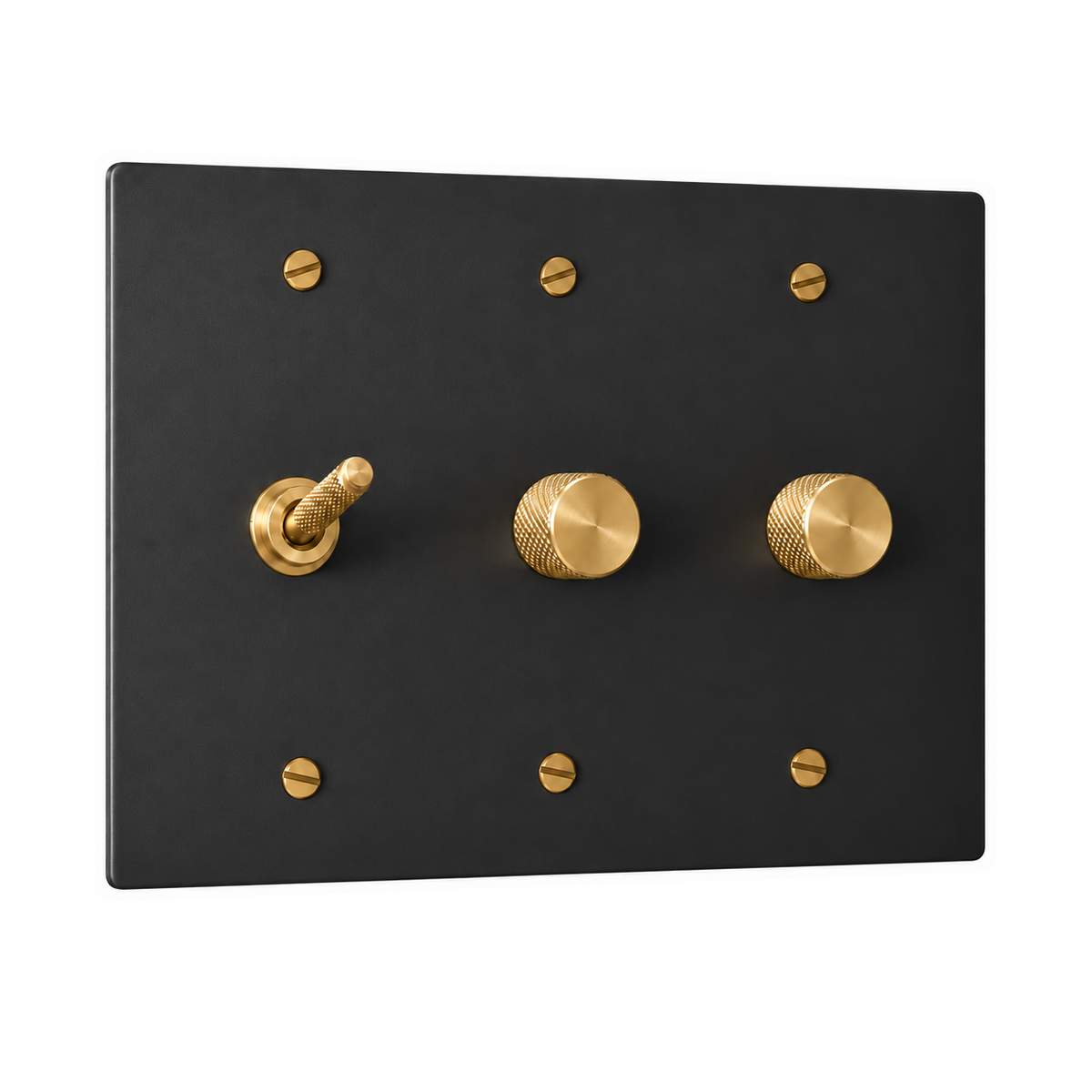 3-Gang Solid Brass Knurled Toggle Light Switch & 2 Rotary Dimmers in Black with Brass Accents; 1 toggle + 2 rotary dimmers on a white background
