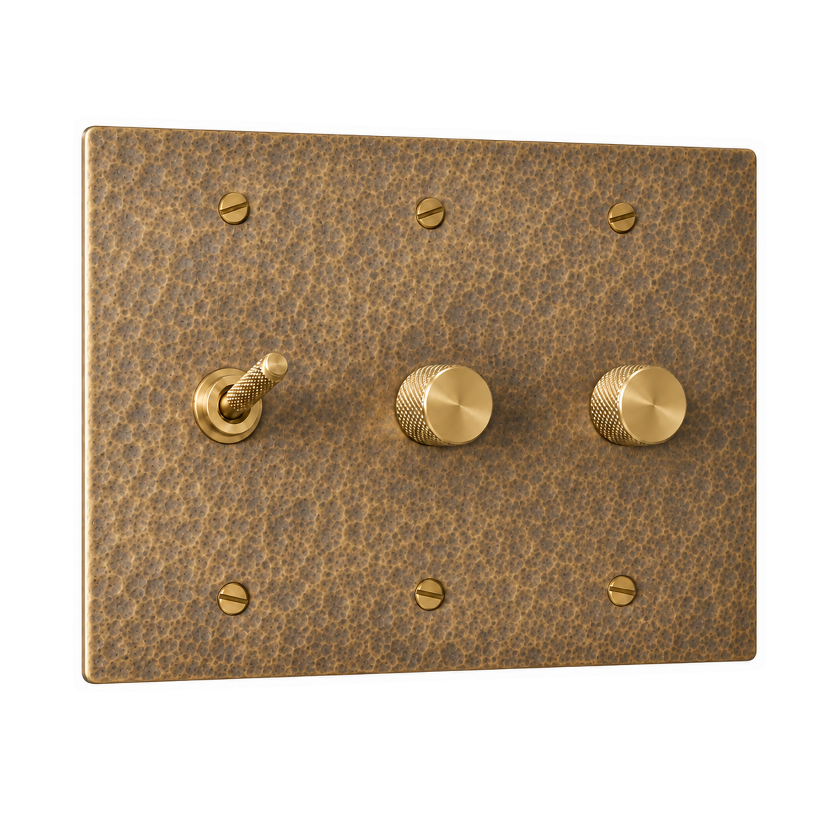 3-Gang Solid Brass Knurled Toggle Light Switch & 2 Rotary Dimmers in Hammered Antique Brass; 1 toggle + 2 rotary dimmers on a white background