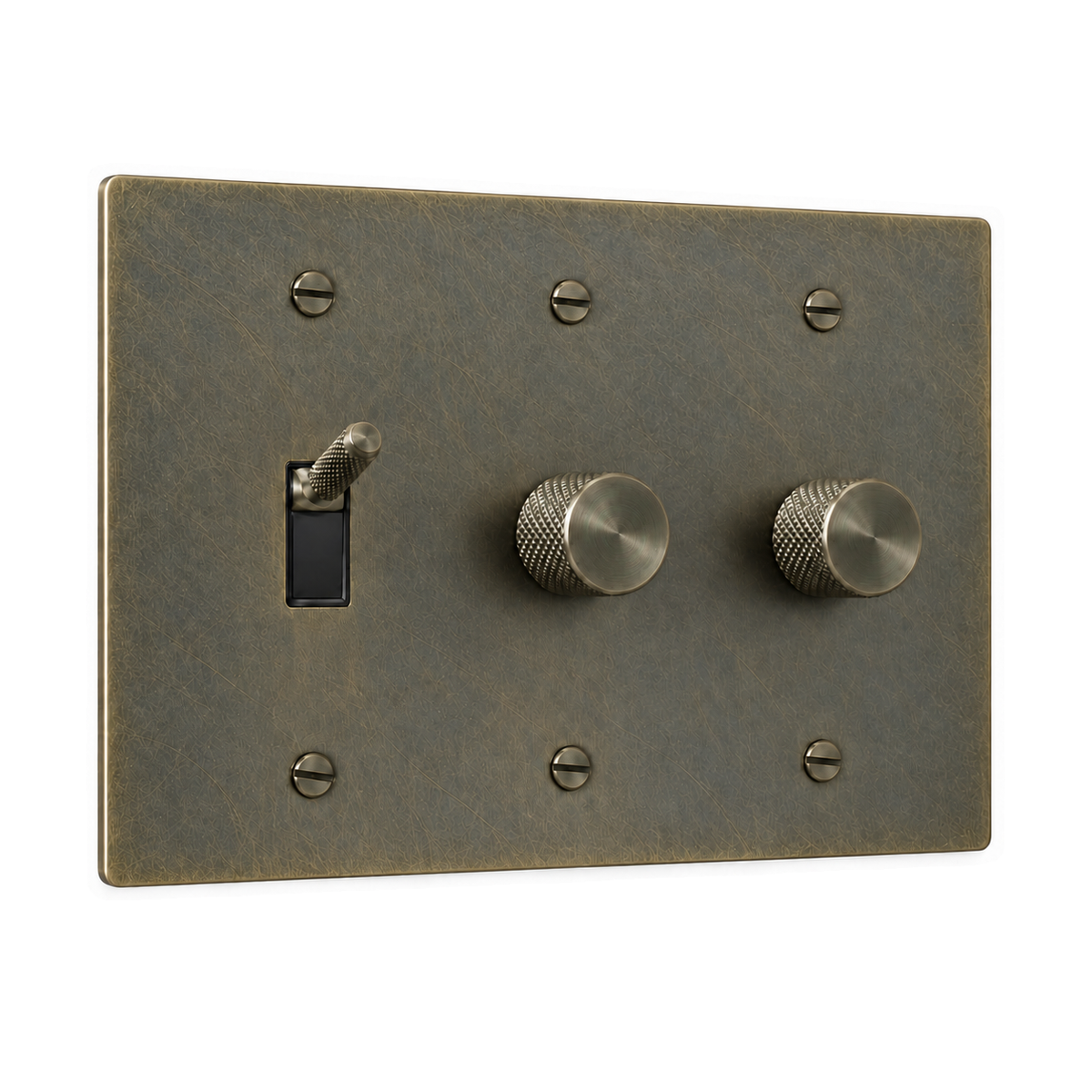 3-Gang Knurled Brass Toggle Light Switch & 2 Rotary Dimmers in Aged Bronze (Hand-Brushed); 1 toggle + 2 rotary dimmers on a white background