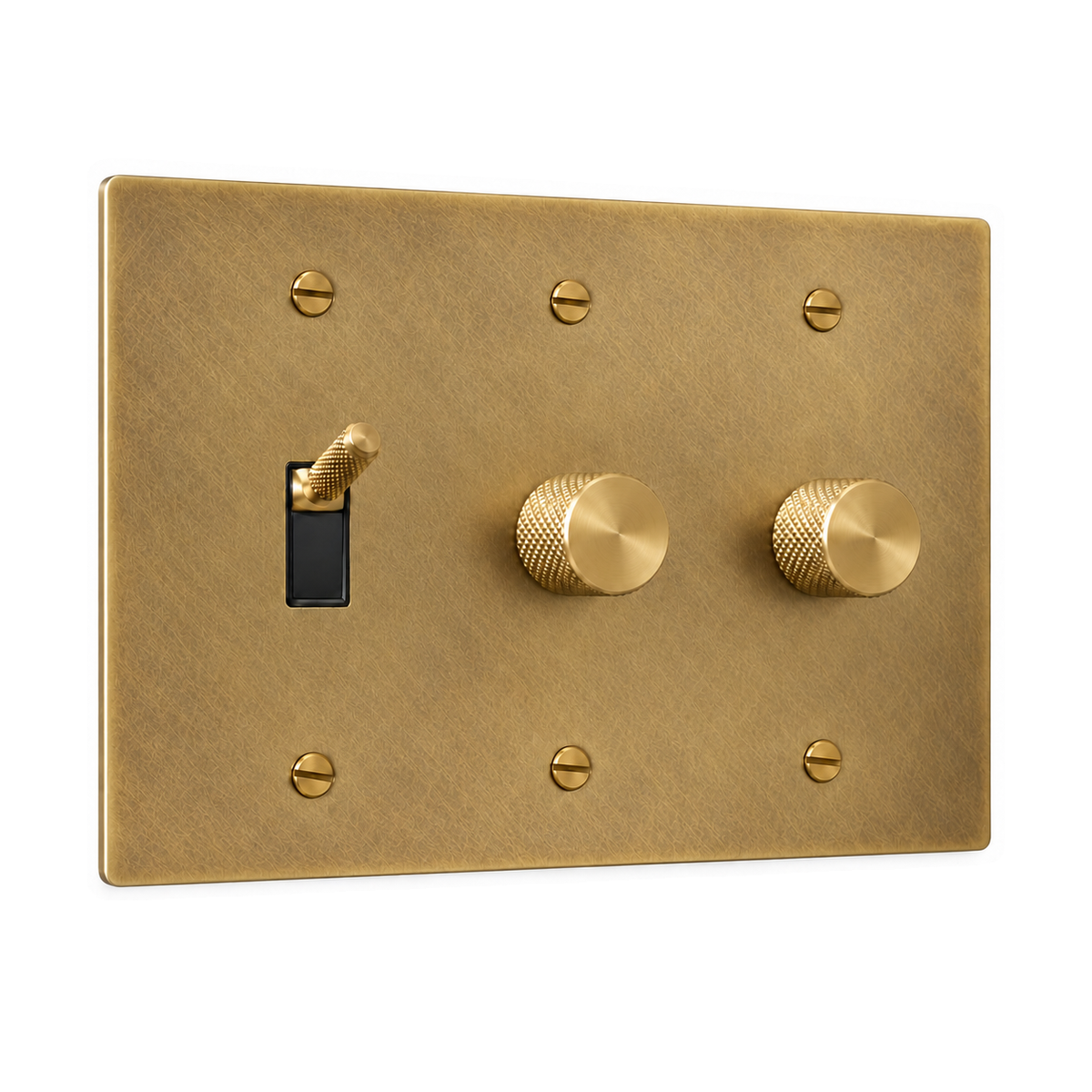 3-Gang Knurled Brass Toggle Light Switch & 2 Rotary Dimmers in Antique Brass (Hand-Brushed); 1 toggle + 2 rotary dimmers on a white background