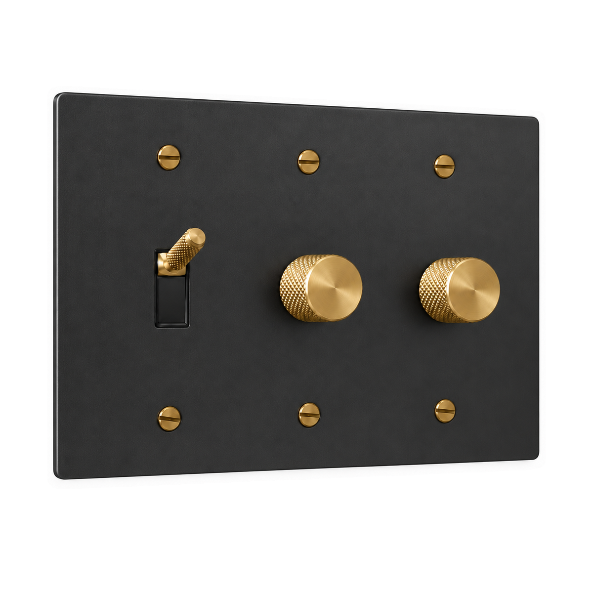 3-Gang Knurled Brass Toggle Light Switch & 2 Rotary Dimmers in Black with Brass Accents; 1 toggle + 2 rotary dimmers on a white background