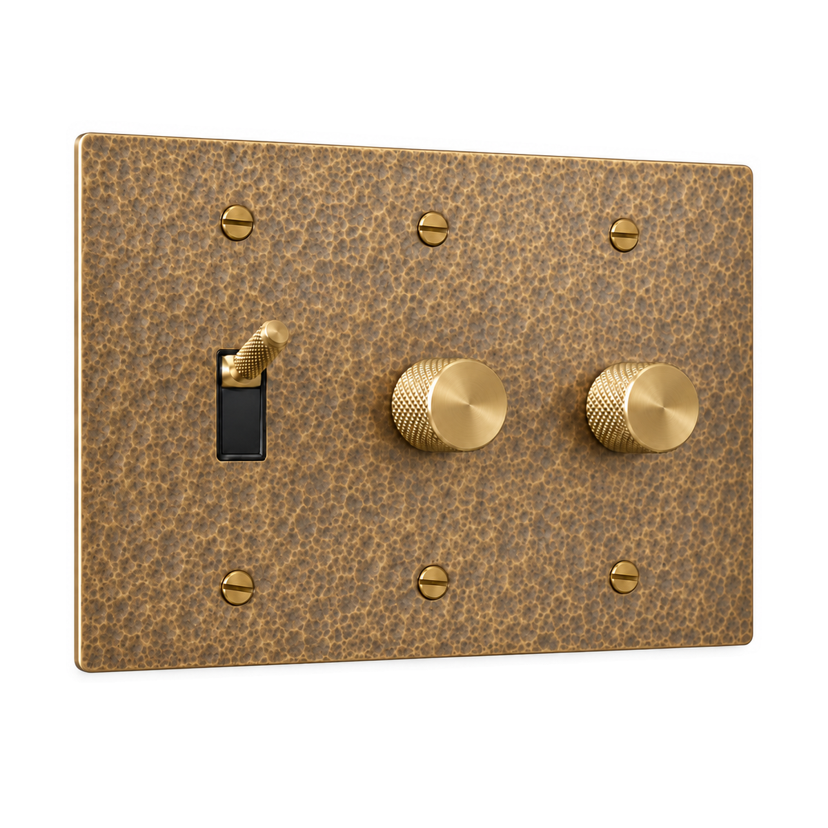 3-Gang Knurled Brass Toggle Light Switch & 2 Rotary Dimmers in Hammered Antique Brass; 1 toggle + 2 rotary dimmers on a white background