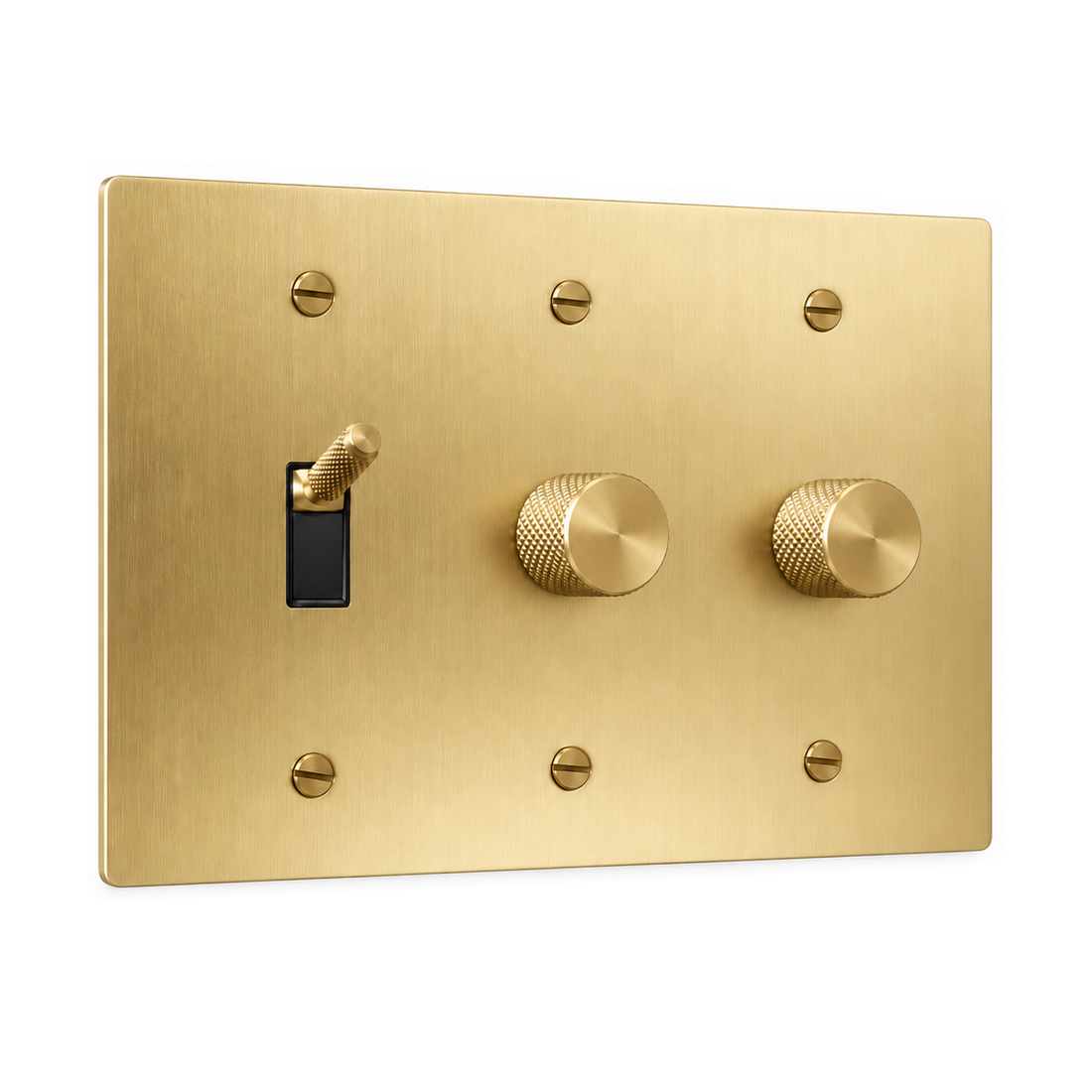 3-Gang Knurled Brass Toggle Light Switch & 2 Rotary Dimmers in Satin Brass; 1 toggle + 2 rotary dimmers on a white background