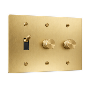 3-Gang Knurled Brass Toggle Light Switch & 2 Rotary Dimmers in Satin Brass; 1 toggle + 2 rotary dimmers on a white background