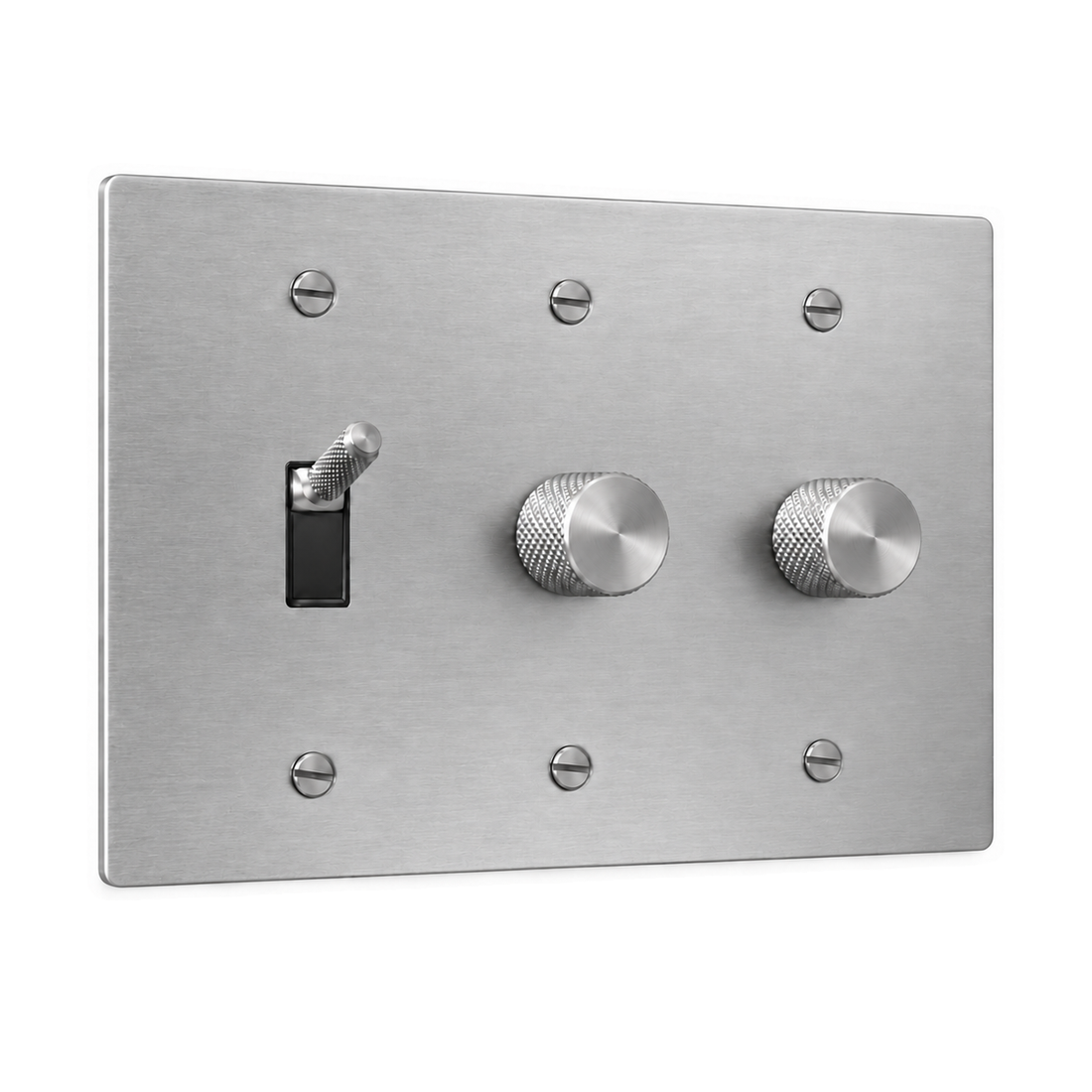 3-Gang Knurled Brass Toggle Light Switch & 2 Rotary Dimmers in Stainless Steel; 1 toggle + 2 rotary dimmers on a white background