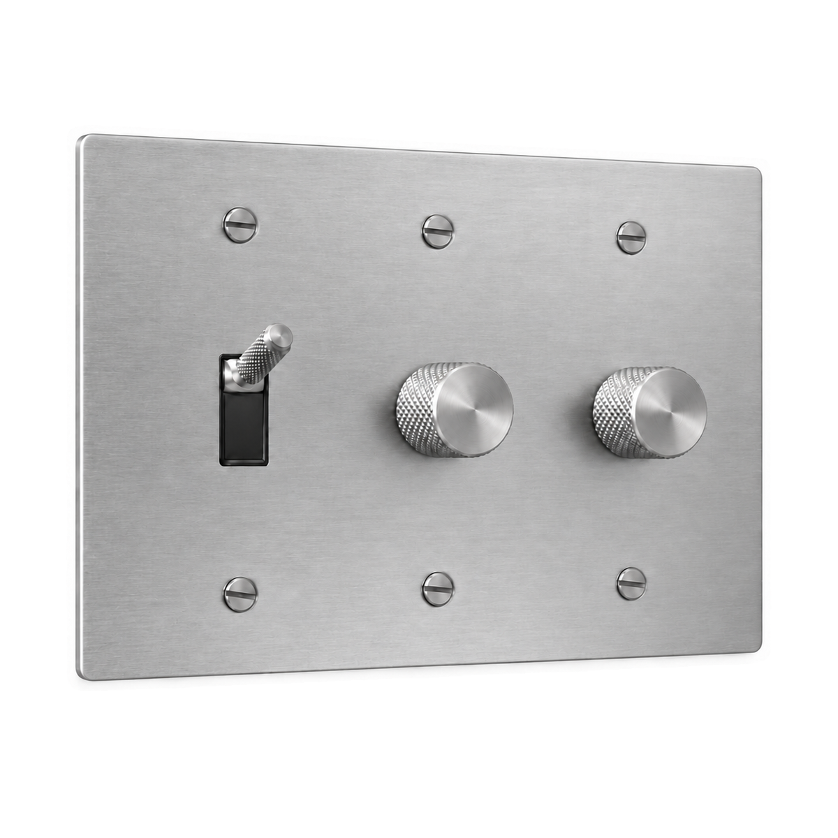 3-Gang Knurled Brass Toggle Light Switch & 2 Rotary Dimmers in Stainless Steel; 1 toggle + 2 rotary dimmers on a white background