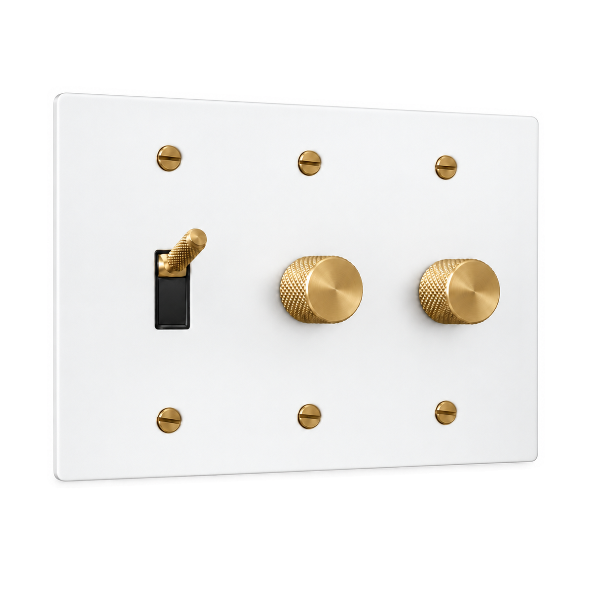 3-Gang Knurled Brass Toggle Light Switch & 2 Rotary Dimmers in White with Brass Accents; 1 toggle + 2 rotary dimmers on a white background