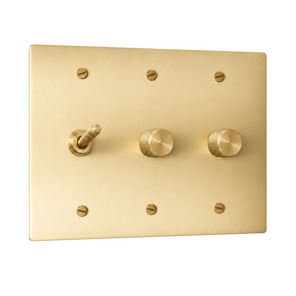 3-Gang Solid Brass Knurled Toggle Light Switch & 2 Rotary Dimmers in Satin Brass; 1 toggle + 2 rotary dimmers on a white background