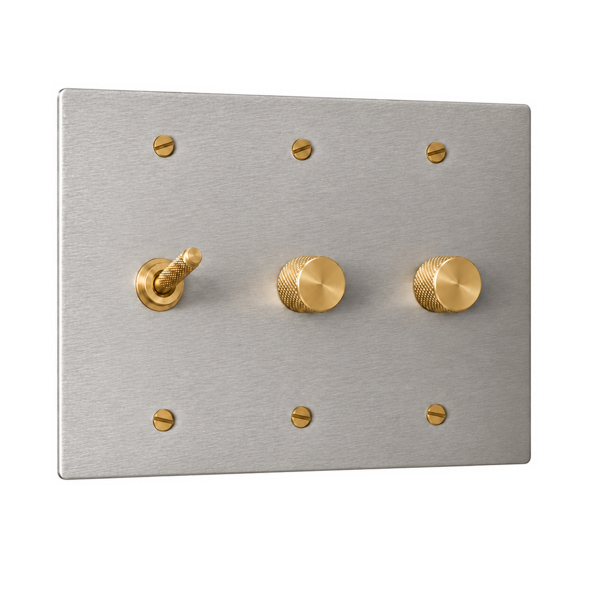 3-Gang Solid Brass Knurled Toggle Light Switch & 2 Rotary Dimmers in Stainless Steel; 1 toggle + 2 rotary dimmers on a white background
