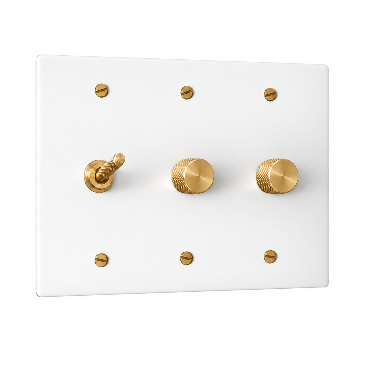 3-Gang Solid Brass Knurled Toggle Light Switch & 2 Rotary Dimmers in White with Brass Accents; 1 toggle + 2 rotary dimmers on a white background