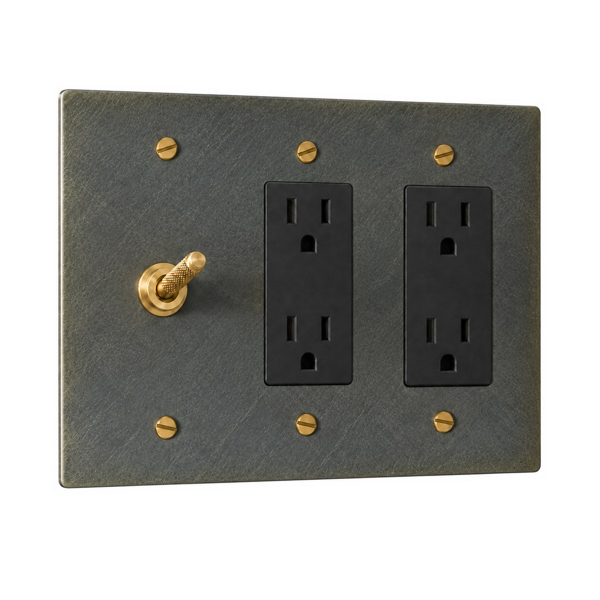 3-Gang Solid Brass Knurled Toggle Light Switch & 2 Duplex Outlets in Aged Bronze (Hand-Brushed); 1 toggle + 2 duplex outlets on a white background