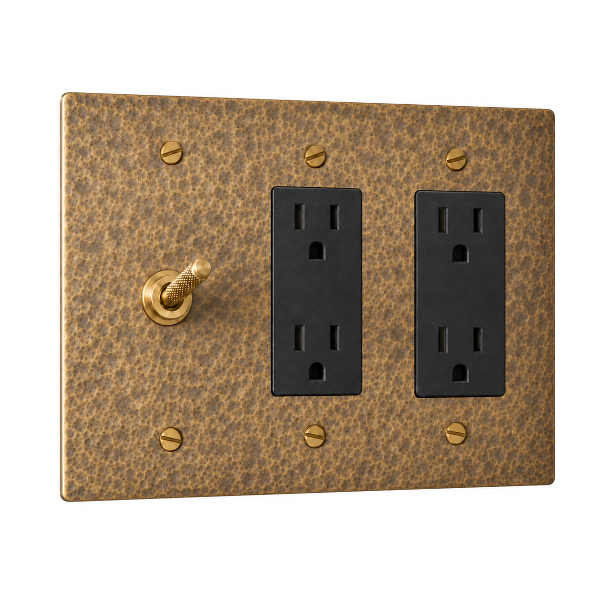 3-Gang Solid Brass Knurled Toggle Light Switch & 2 Duplex Outlets in Hammered Antique Brass; 1 toggle + 2 duplex outlets on a white background