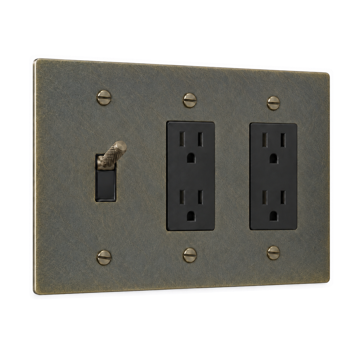 3-Gang Knurled Brass Toggle Light Switch & 2 Duplex Outlets in Aged Bronze (Hand-Brushed); 1 toggle + 2 duplex outlets on a white background