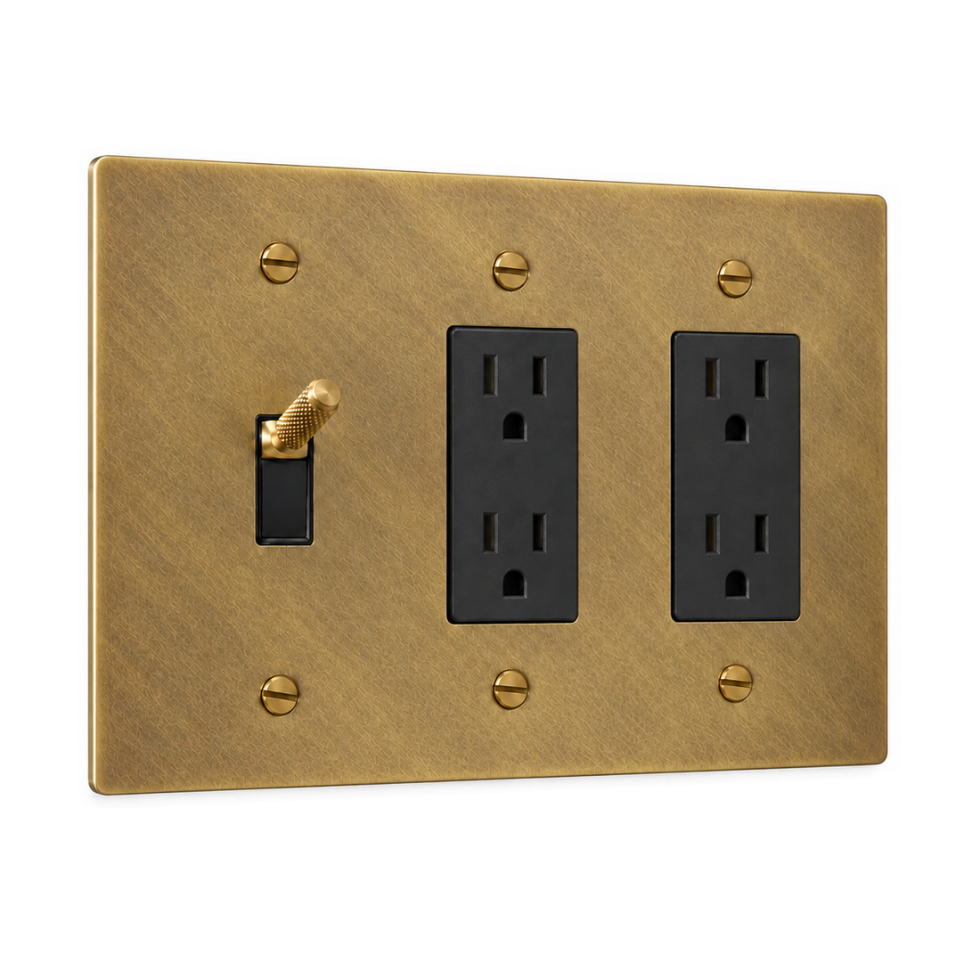3-Gang Knurled Brass Toggle Light Switch & 2 Duplex Outlets in Satin Brass; 1 toggle + 2 duplex outlets on a white background