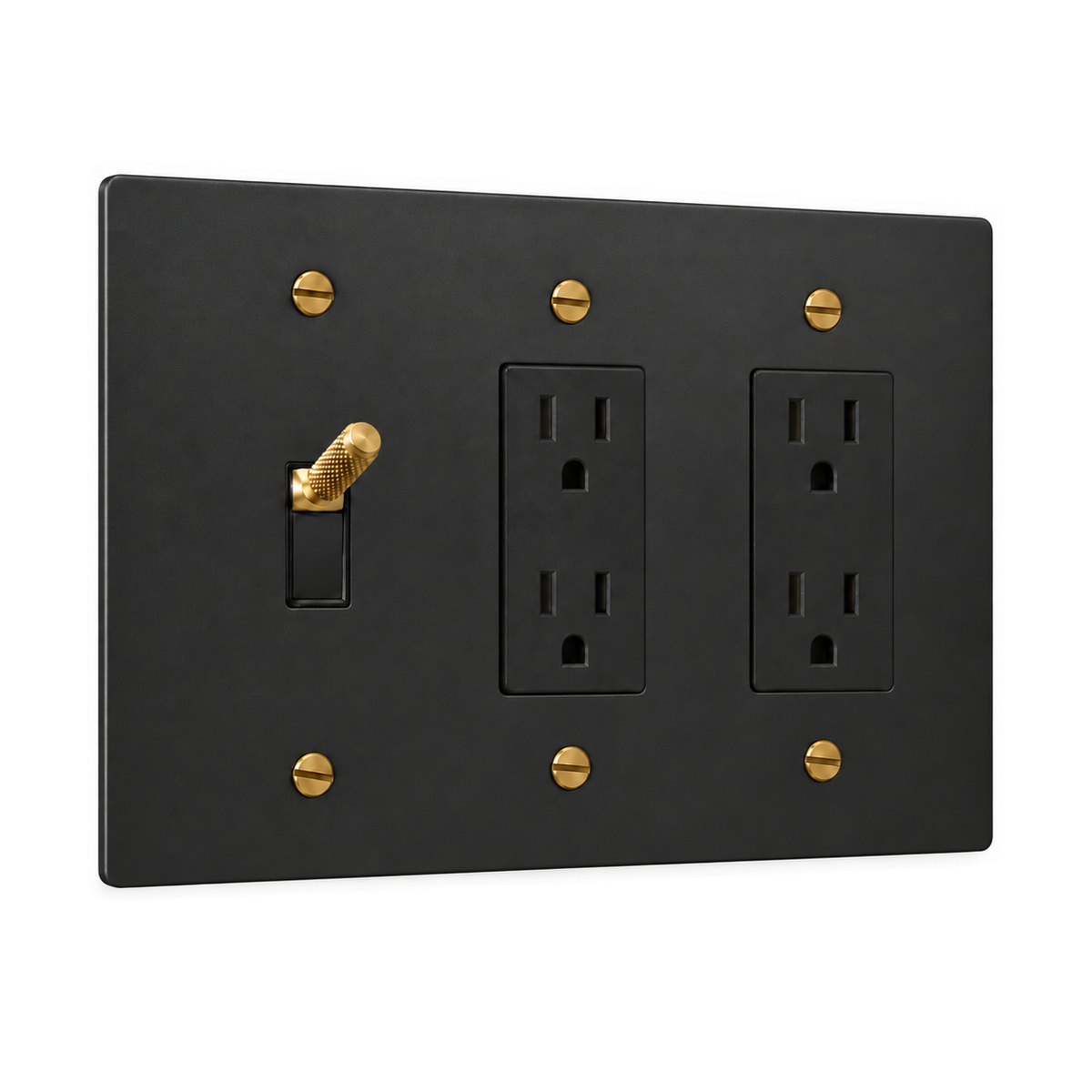 3-Gang Knurled Brass Toggle Light Switch & 2 Duplex Outlets in Black with Brass Accents; 1 toggle + 2 duplex outlets on a white background