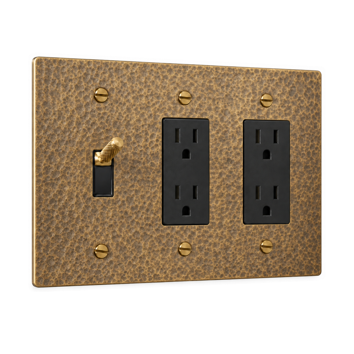 3-Gang Knurled Brass Toggle Light Switch & 2 Duplex Outlets in Hammered Antique Brass; 1 toggle + 2 duplex outlets on a white background