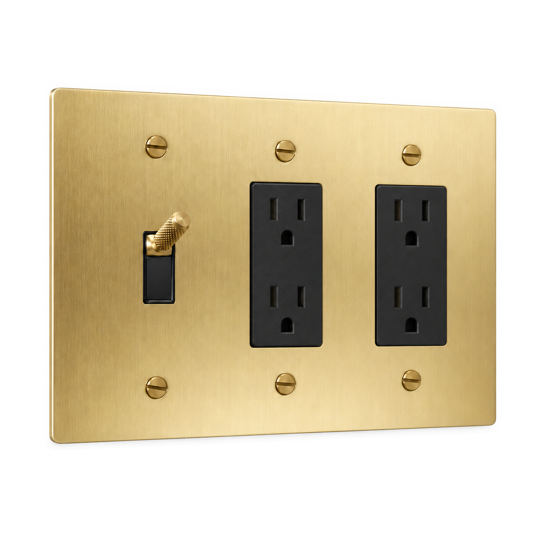 3-Gang Knurled Brass Toggle Light Switch & 2 Duplex Outlets in Satin Brass; 1 toggle + 2 duplex outlets on a white background