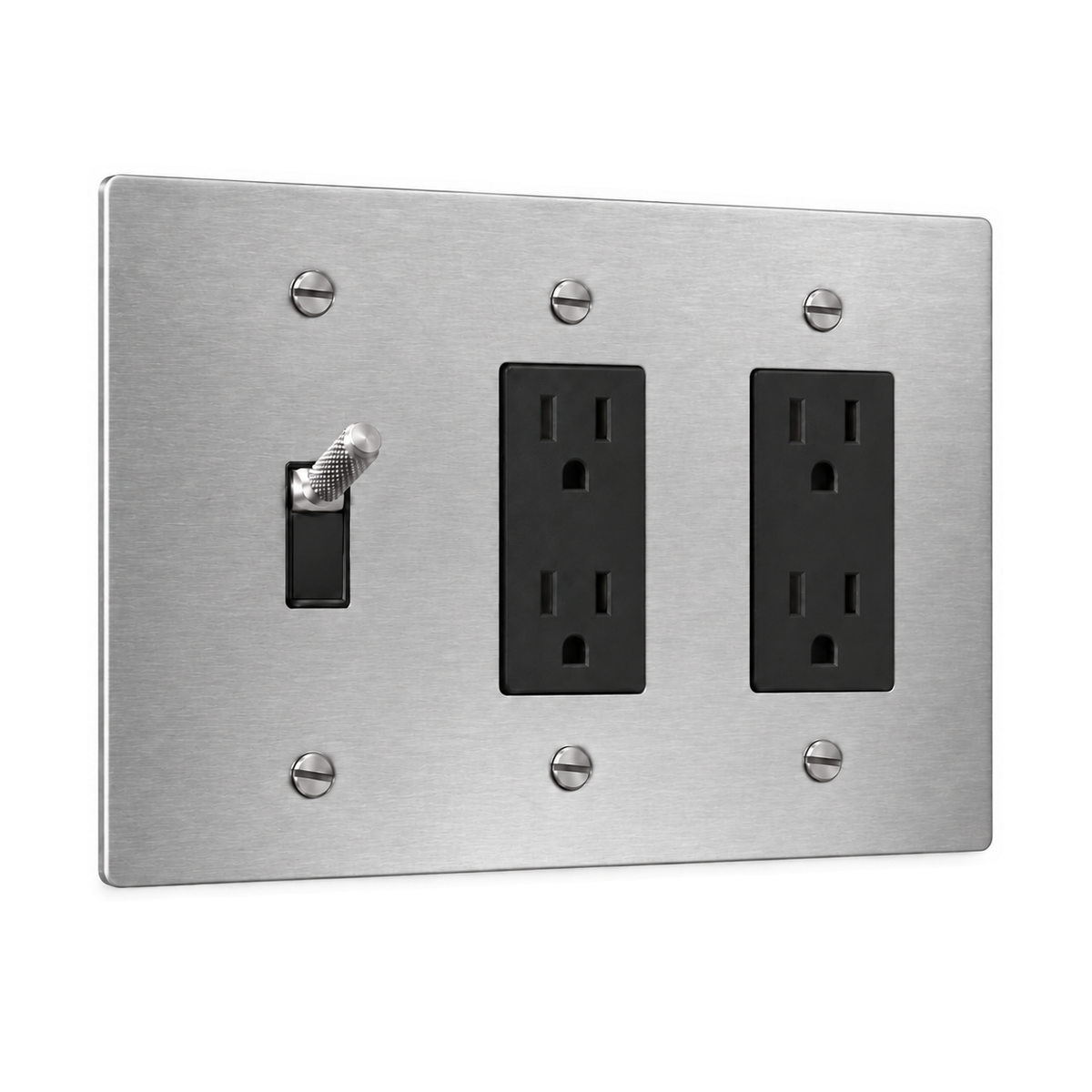 3-Gang Knurled Brass Toggle Light Switch & 2 Duplex Outlets in Stainless Steel; 1 toggle + 2 duplex outlets on a white background