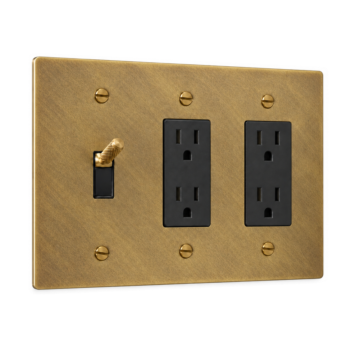 3-Gang Knurled Brass Toggle Light Switch & 2 Duplex Outlets in Unlacquered Antique Brass (Hand-Brushed); 1 toggle + 2 duplex outlets on a white background
