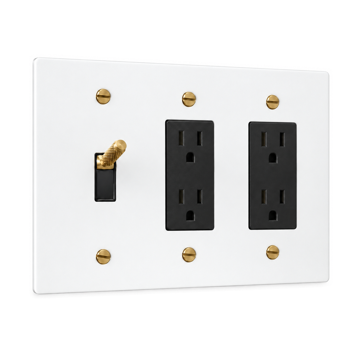 3-Gang Knurled Brass Toggle Light Switch & 2 Duplex Outlets in White with Brass Accents; 1 toggle + 2 duplex outlets on a white background