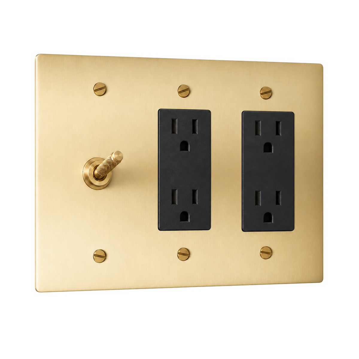 3-Gang Solid Brass Knurled Toggle Light Switch & 2 Duplex Outlets in Satin Brass; 1 toggle + 2 duplex outlets on a white background