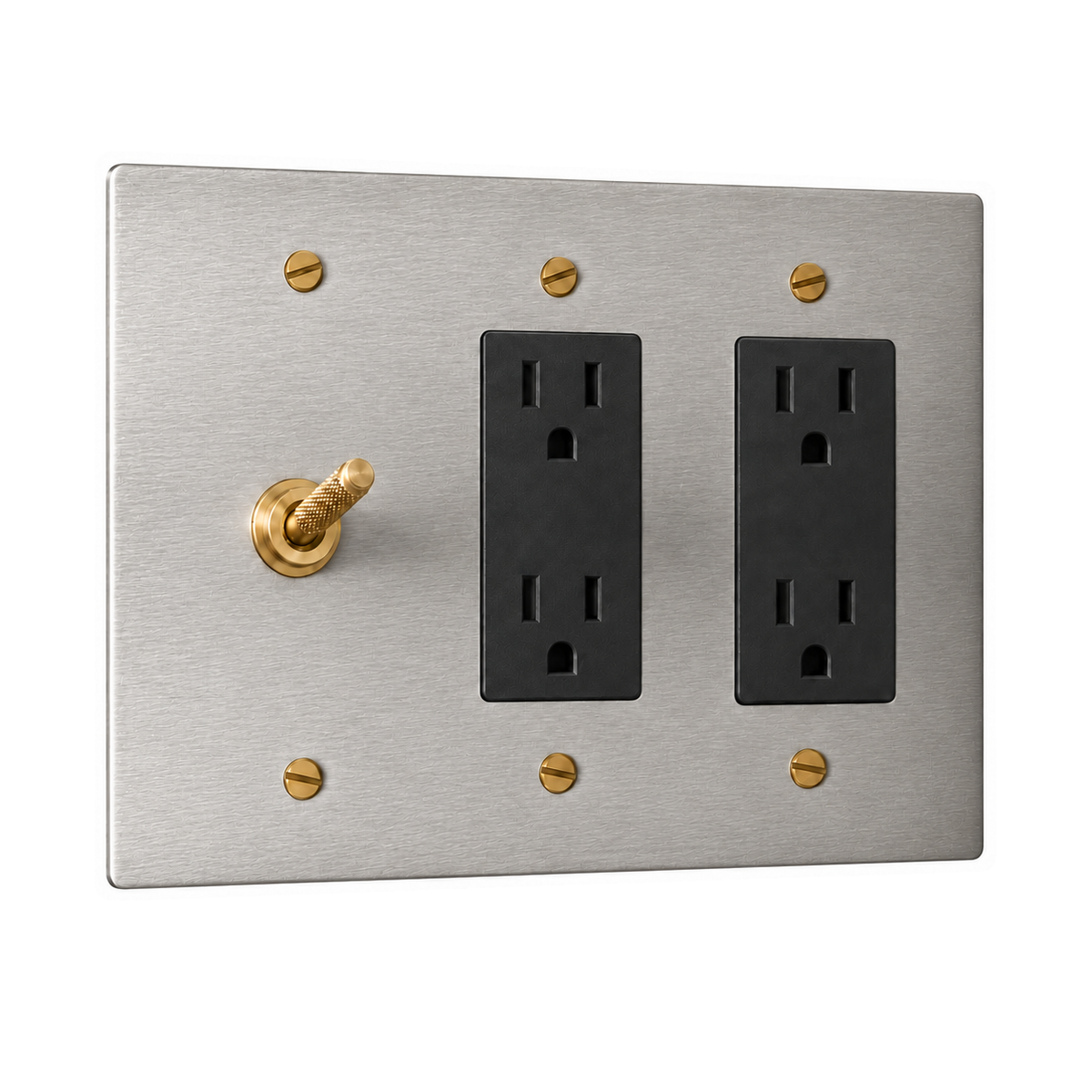 3-Gang Solid Brass Knurled Toggle Light Switch & 2 Duplex Outlets in Stainless Steel; 1 toggle + 2 duplex outlets on a white background