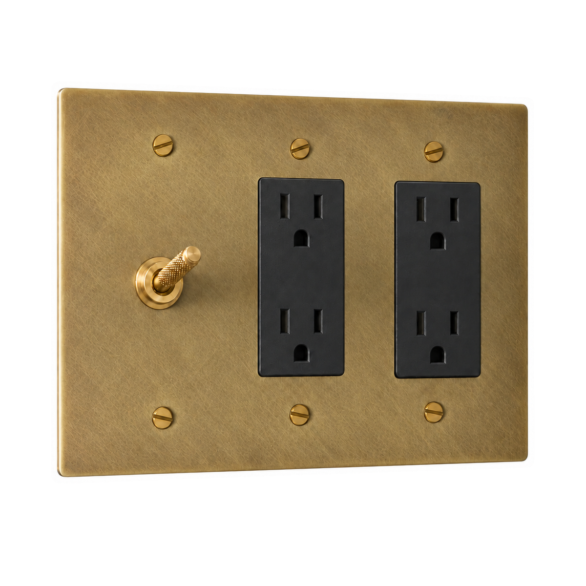 3-Gang Solid Brass Knurled Toggle Light Switch & 2 Duplex Outlets in Unlacquered Antique Brass (Hand-Brushed); 1 toggle + 2 duplex outlets on a white background