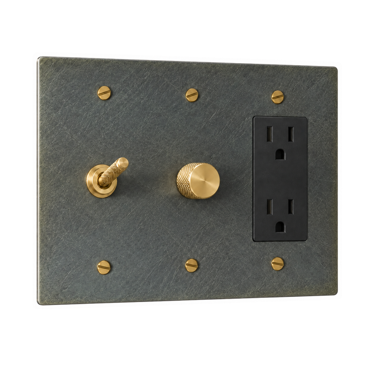 3-Gang Solid Brass Knurled Toggle Light Switch, Dimmer & Duplex Outlet in Aged Bronze (Hand-Brushed); 1 toggle + 1 rotary dimmer + 1 duplex outlet on a white background