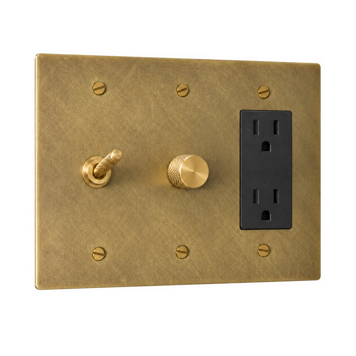 3-Gang Solid Brass Knurled Toggle Light Switch, Dimmer & Duplex Outlet in Antique Brass (Hand-Brushed); 1 toggle + 1 rotary dimmer + 1 duplex outlet on a white background