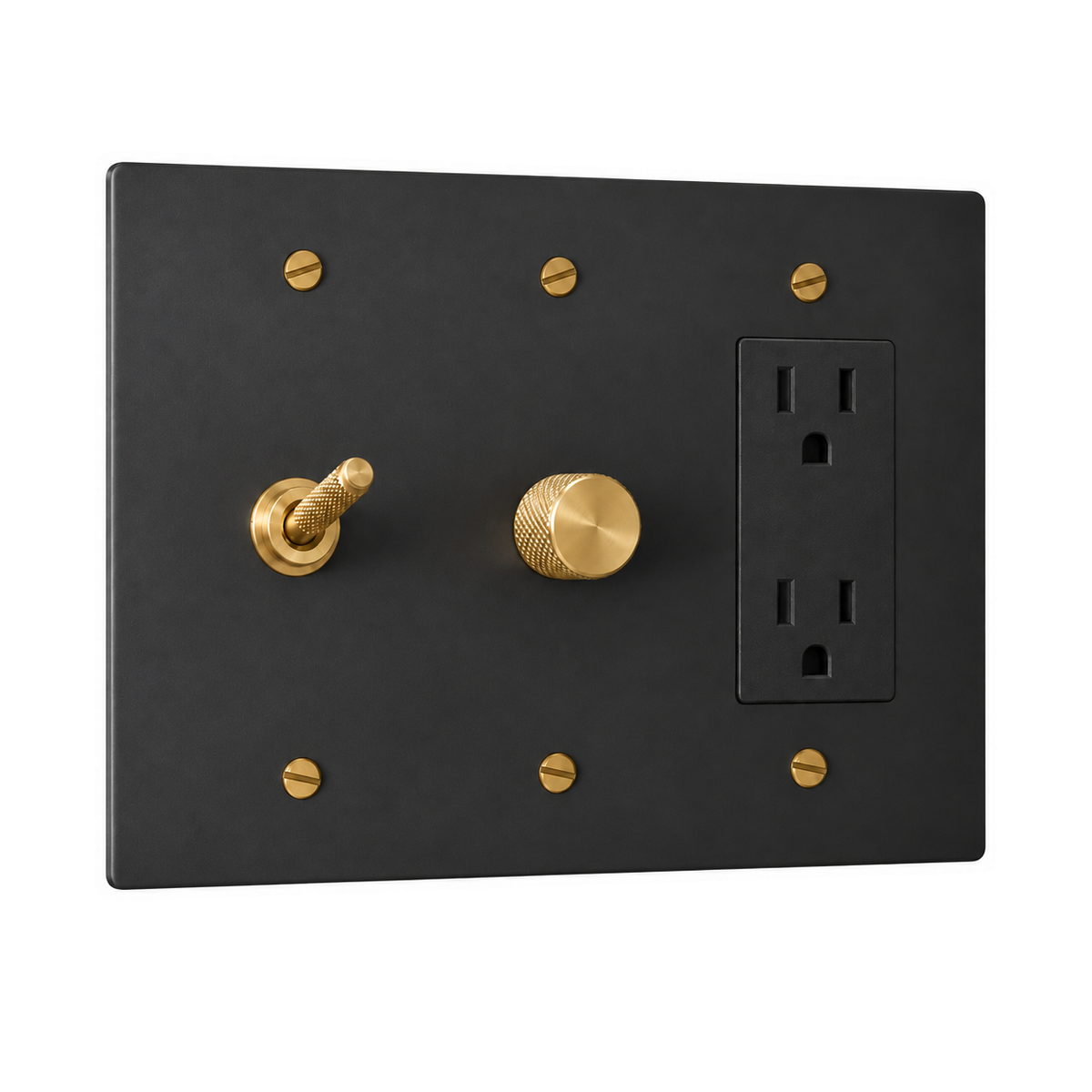 3-Gang Solid Brass Knurled Toggle Light Switch, Dimmer & Duplex Outlet in Black with Brass Accents; 1 toggle + 1 rotary dimmer + 1 duplex outlet on a white background