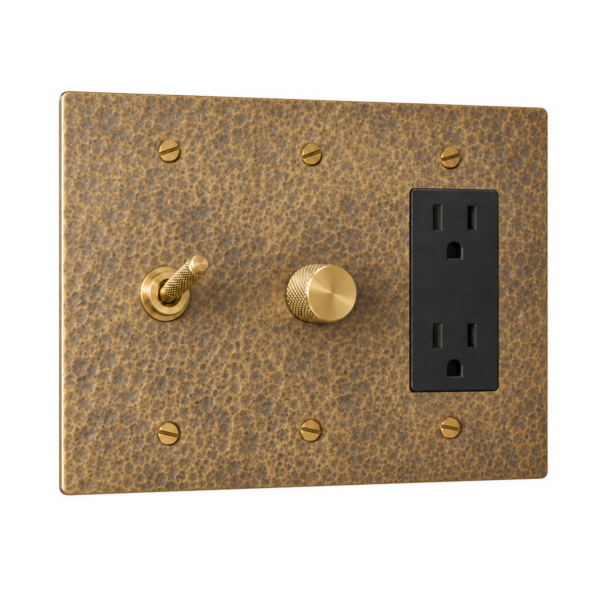 3-Gang Solid Brass Knurled Toggle Light Switch, Dimmer & Duplex Outlet in Hammered Antique Brass; 1 toggle + 1 rotary dimmer + 1 duplex outlet on a white background