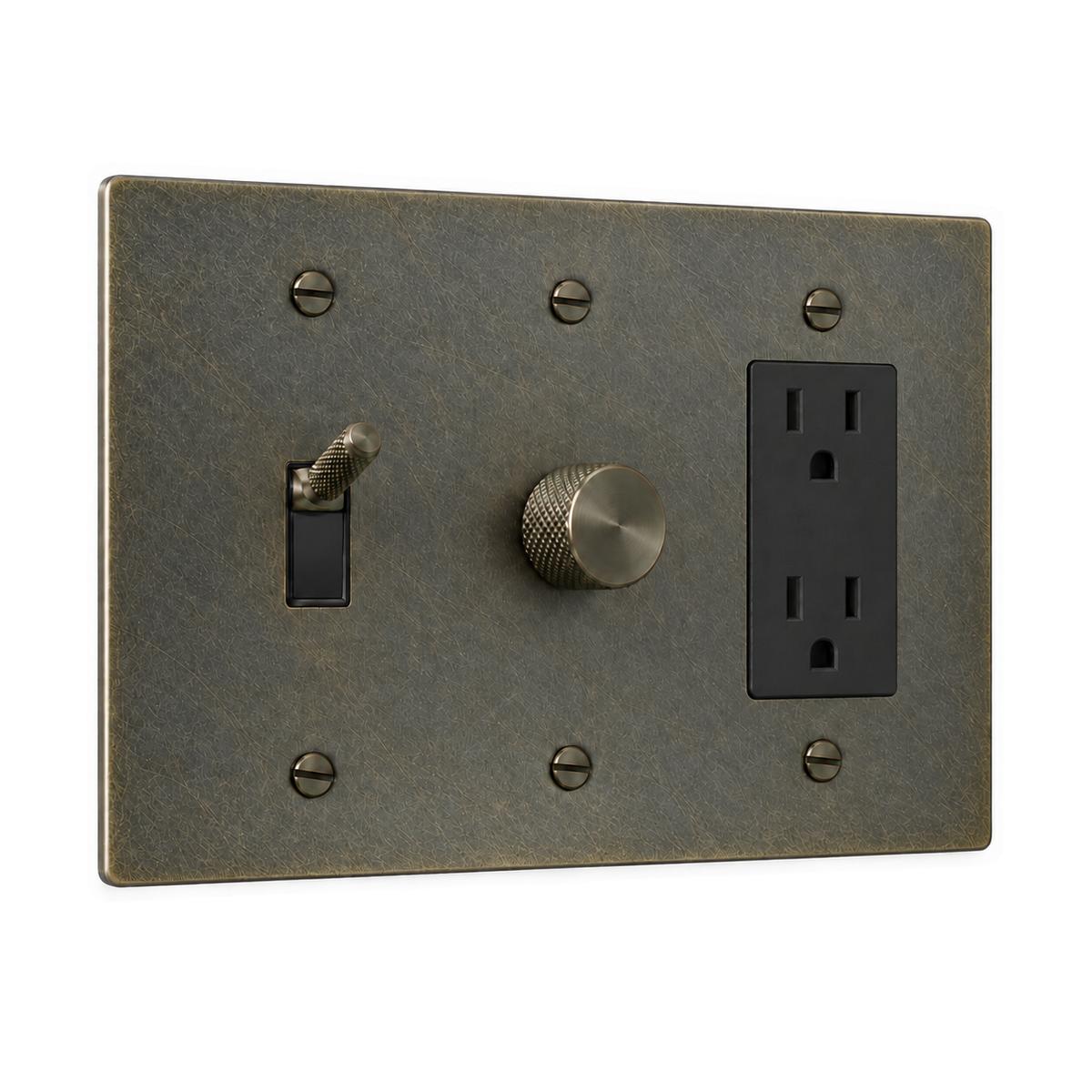 3-Gang Knurled Brass Toggle Light Switch, Dimmer & Duplex Outlet in Aged Bronze (Hand-Brushed); 1 toggle + 1 rotary dimmer + 1 duplex outlet on a white background