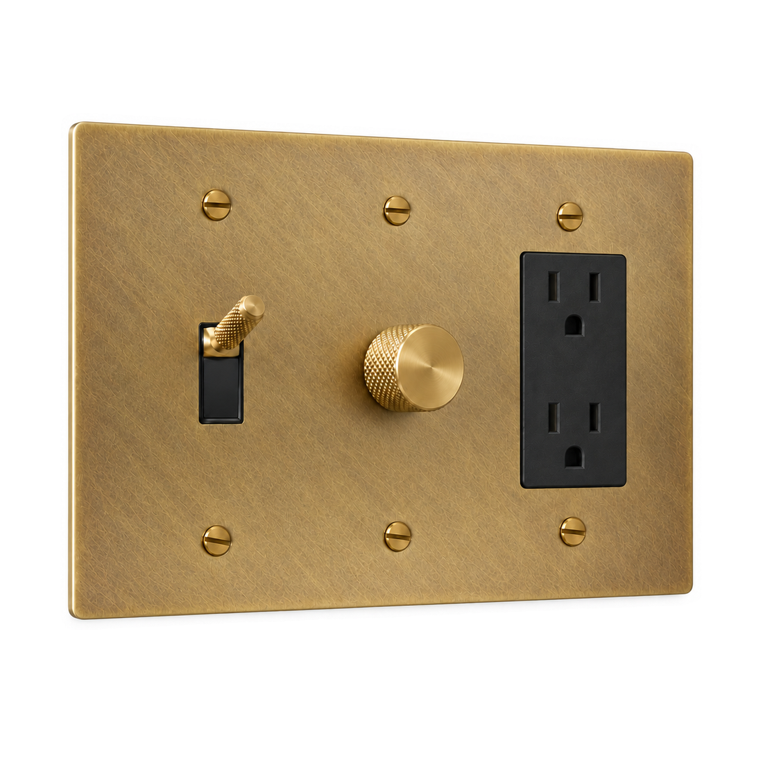 3-Gang Knurled Brass Toggle Light Switch, Dimmer & Duplex Outlet in Satin Brass; 1 toggle + 1 rotary dimmer + 1 duplex outlet on a white background