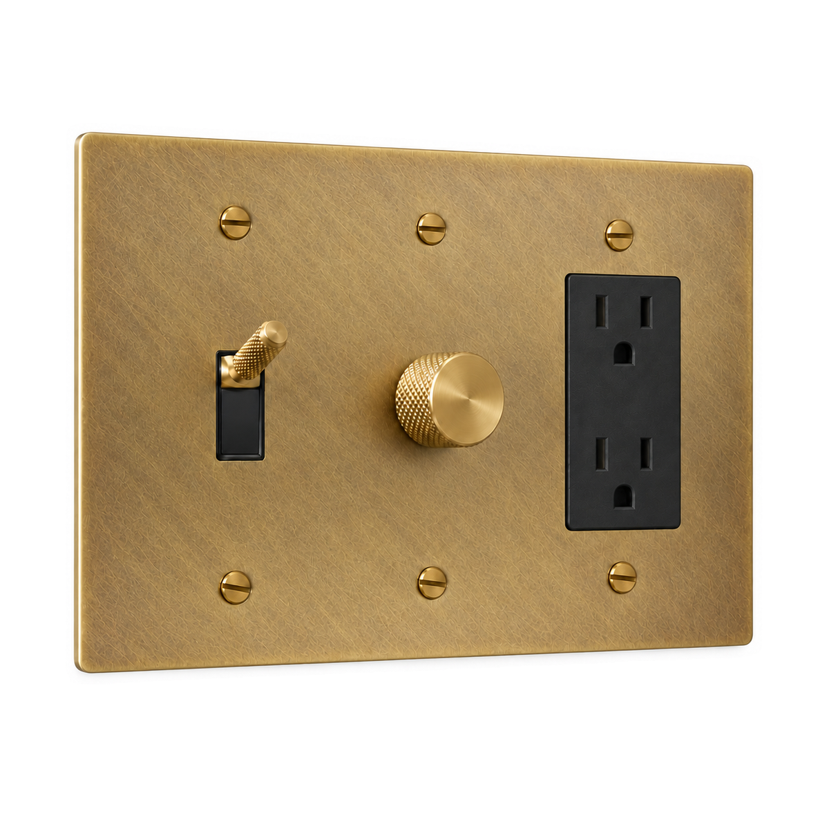 3-Gang Knurled Brass Toggle Light Switch, Dimmer & Duplex Outlet in Antique Brass (Hand-Brushed); 1 toggle + 1 rotary dimmer + 1 duplex outlet on a white background